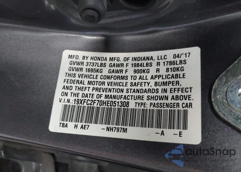 2017 Honda Civic Ex z USA, uszkodzony, nr VIN 19XFC2F70HE051308
